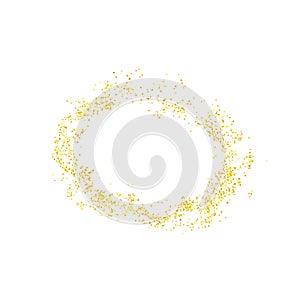 Plume golden abstract grainy oval, ellipse, round frame, circle crumbs gold. Texture ring dust. Magic sand, particles jewel.