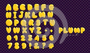 Plump balloon font design, rounded thick alphabet letters and numbers vector illustration. Yellow cute isolated English