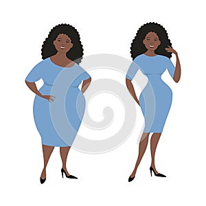 Plump black woman in a blue dress isolated on a white background and the same woman after losing weight