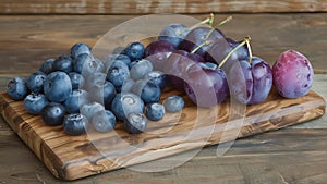 Plump blueberries and plump purple plums tered on a wooden ting board perfect for pairing with crackers and cheese