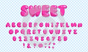 Plump bubble set of pink letters and numbers from 0 to 9 in Y2K trendy style. Flat 3D, bubble gum balloon font. Rounded