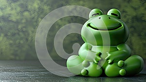 A plump 3D frog sitting contently with a cheeky grin on a misty surface.