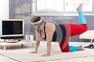 Plump female exercising at home