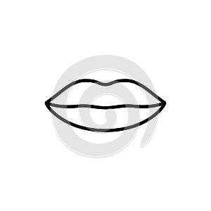 Plump female lips. Linear sexiness icon. Logo for packaging beauty product. Black simple illustration for hygienic lipstick, gloss