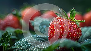 Plump, juicy strawberries, embellished with sparkling dew drops, recline upon verdant green foliage. Generative AI