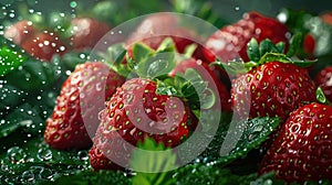 Plump, juicy strawberries, embellished with sparkling dew drops, recline upon verdant green foliage. Generative AI