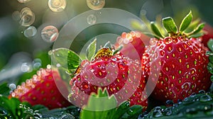 Plump, juicy strawberries, embellished with sparkling dew drops, recline upon verdant green foliage. Generative AI