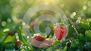 Plump, juicy strawberries, embellished with sparkling dew drops, recline upon verdant green foliage. Generative AI