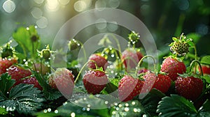 Plump, juicy strawberries, embellished with sparkling dew drops, recline upon verdant green foliage. Generative AI