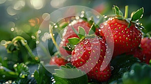Plump, juicy strawberries, embellished with sparkling dew drops, recline upon verdant green foliage. Generative AI