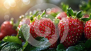 Plump, juicy strawberries, embellished with sparkling dew drops, recline upon verdant green foliage. Generative AI