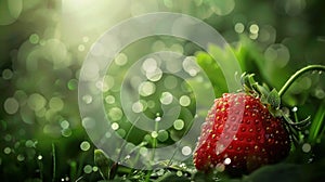 Plump, juicy strawberries, embellished with sparkling dew drops, recline upon verdant green foliage. Generative AI