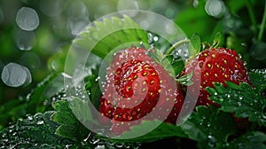 Plump, juicy strawberries, embellished with sparkling dew drops, recline upon verdant green foliage. Generative AI