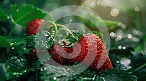 Plump, juicy strawberries, embellished with sparkling dew drops, recline upon verdant green foliage. Generative AI