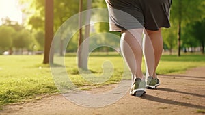 Plump man in athletic attire running along asphalt path in park on sunny day with clear weather