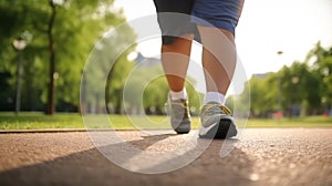 Plump man in athletic attire running along asphalt path in park on sunny day with clear weather