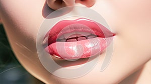Plump passionate lips close-up. Sexy glossy lip makeup. Macro of female part of face. Beautiful makeup, pink lipstick