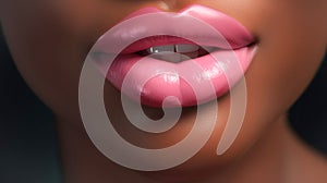 Plump passionate lips on dark-skinned girl, close-up. Sexy glossy lip makeup. Beautiful makeup, pink lipstick and gloss