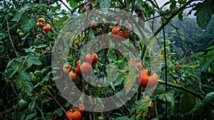 A of plump pulpy tomatoes growing on tangled vines their vibrant red skin standing out against the sea of green photo