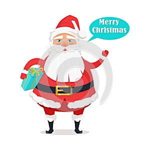 Plump Santa with Gift Box Says Merry Christmas