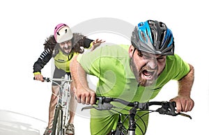 Plump and skinny guys riding bicycles