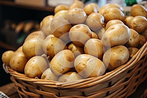 Plump, unblemished potatoes rest in a market basket atop the counter