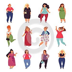 Plump woman. Plus size young people, fashion clothes for overweight big girls. Isolated beautiful large female