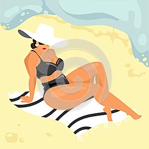 Plump woman in swimsuit and hat sunbathes on the beach near the sea or ocean vector illustration.