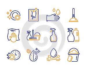 Plunger, Spray and Washing cloth icons set. Window cleaning, Rubber gloves and Dishwasher timer signs. Vector