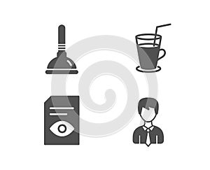 Plunger, View document and Cocktail icons. Businessman sign. Clogged pipes cleaner, Open file, Fresh beverage.