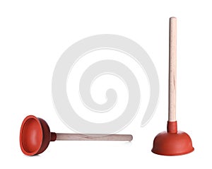 Plungers with wooden handles on white, collage