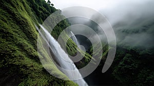 Waterfall in a mountainous landscape.