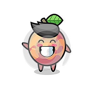 Pluot fruit cartoon character doing wave hand gesture