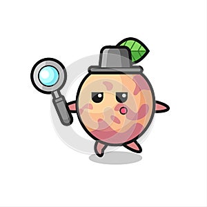 Pluot fruit cartoon character searching with a magnifying glass