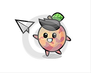 Pluot fruit cartoon character throwing paper airplane