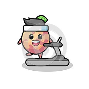 Pluot fruit cartoon character walking on the treadmill