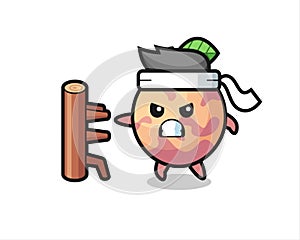 Pluot fruit cartoon illustration as a karate fighter