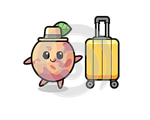 Pluot fruit cartoon illustration with luggage on vacation