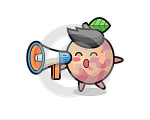 Pluot fruit character illustration holding a megaphone