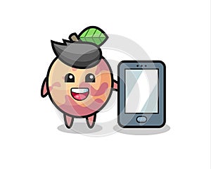 Pluot fruit illustration cartoon holding a smartphone