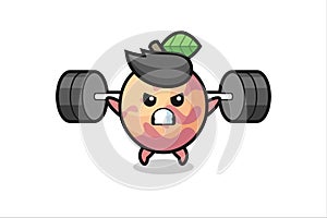 Pluot fruit mascot cartoon with a barbell