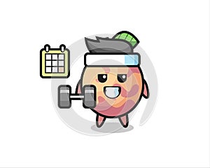 Pluot fruit mascot cartoon doing fitness with dumbbell