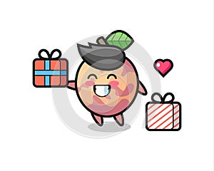 Pluot fruit mascot cartoon giving the gift