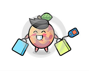 Pluot fruit mascot cartoon holding a shopping bag