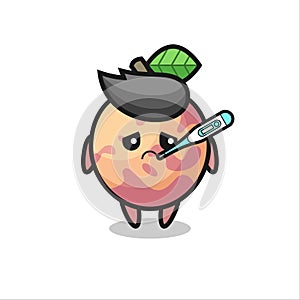 Pluot fruit mascot character with fever condition