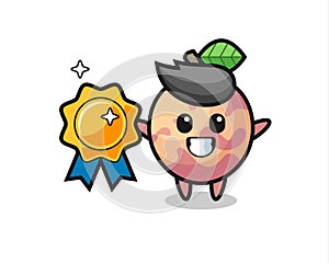 Pluot fruit mascot illustration holding a golden badge