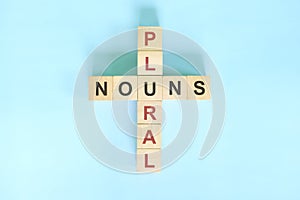 Plural nouns concept in English grammar education. Wooden block crossword puzzle flat lay in blue background.