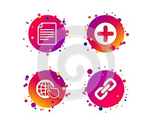 Plus circle and hyperlink signs. File, globe. Vector
