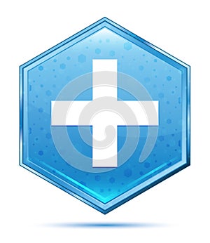 Plus icon crystal blue hexagon button