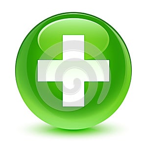 Plus icon glassy green round button